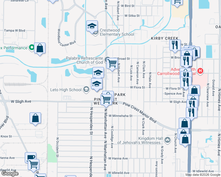map of restaurants, bars, coffee shops, grocery stores, and more near 6924 North Coolidge Avenue in Tampa