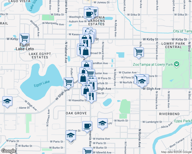 map of restaurants, bars, coffee shops, grocery stores, and more near 2307 West Flora Street in Tampa