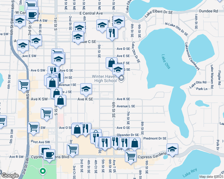 map of restaurants, bars, coffee shops, grocery stores, and more near 598 Avenue J Southeast in Winter Haven
