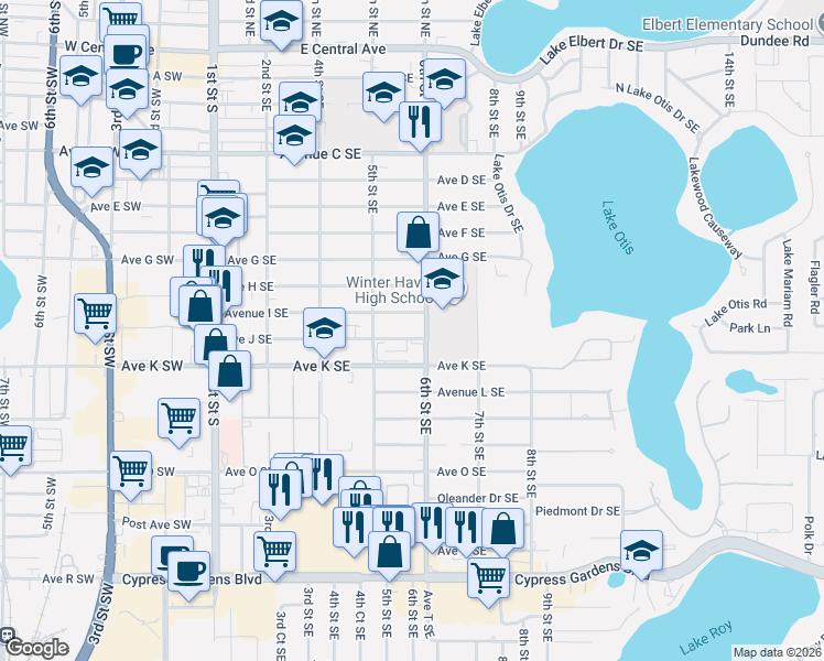 map of restaurants, bars, coffee shops, grocery stores, and more near 598 Avenue J Southeast in Winter Haven