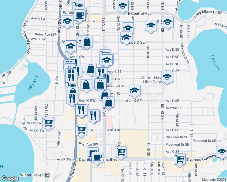 map of restaurants, bars, coffee shops, grocery stores, and more near 950 1st Street South in Winter Haven