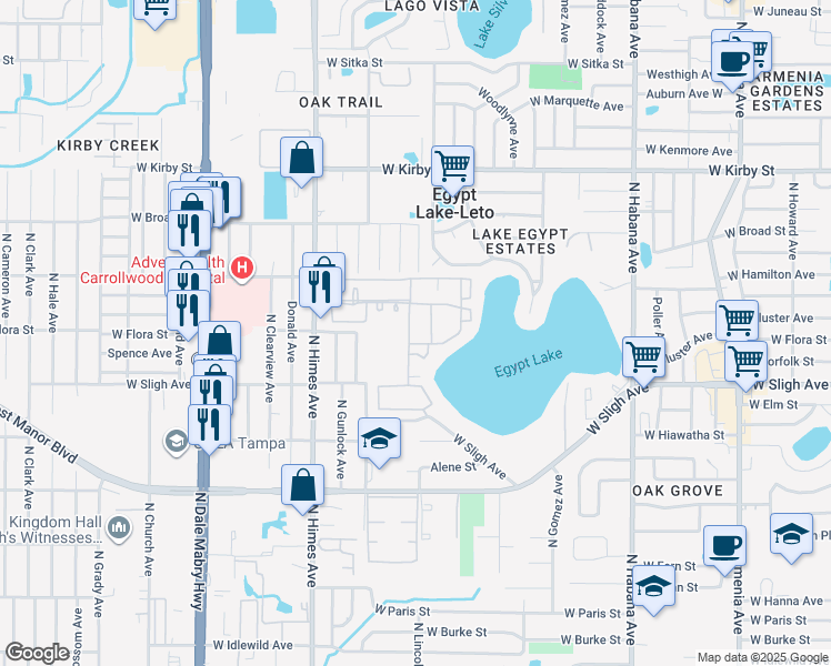 map of restaurants, bars, coffee shops, grocery stores, and more near Cavacade Drive in Tampa