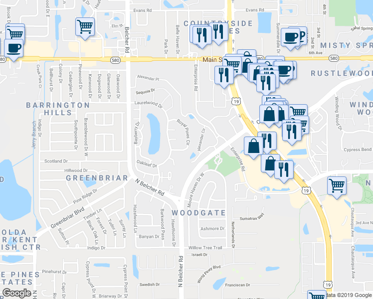 map of restaurants, bars, coffee shops, grocery stores, and more near 2519 Royal Pines Circle in Clearwater