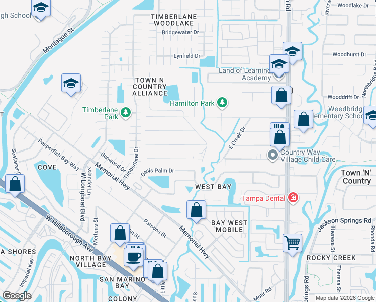 map of restaurants, bars, coffee shops, grocery stores, and more near 6816 East Creek Drive in Tampa