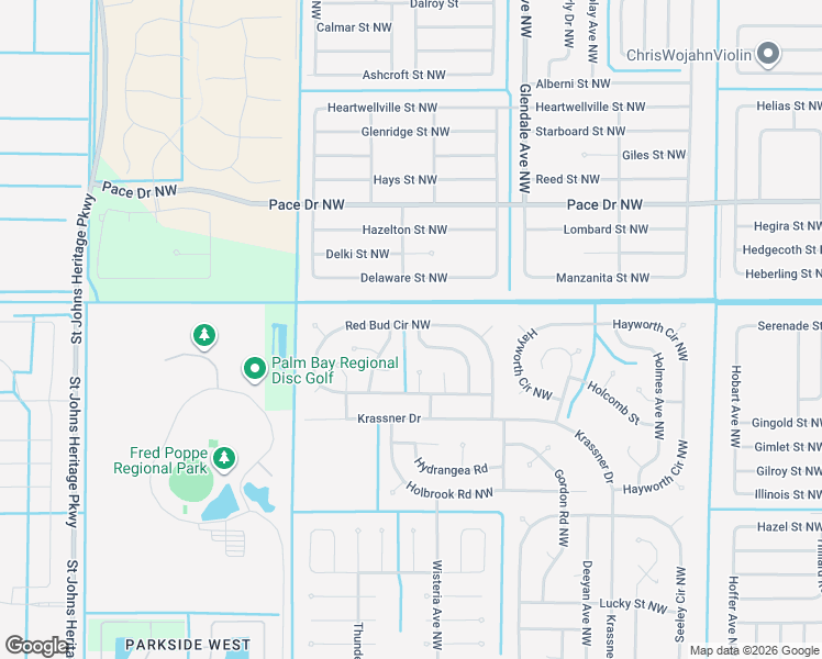 map of restaurants, bars, coffee shops, grocery stores, and more near 1752 Red Bud Circle Northwest in Palm Bay