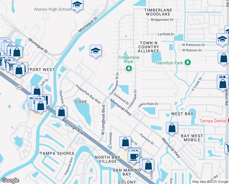 map of restaurants, bars, coffee shops, grocery stores, and more near 6710 Willow Spring Court in Tampa