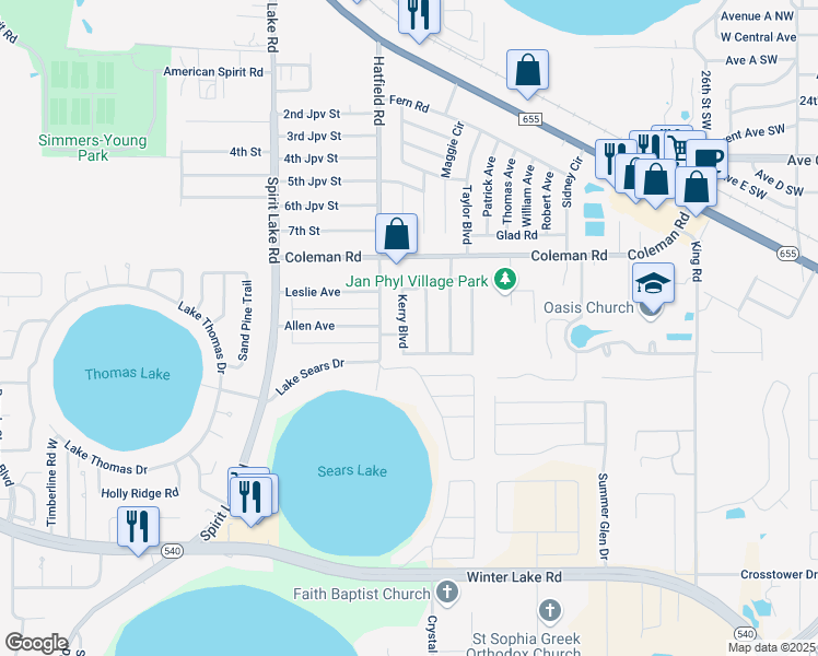 map of restaurants, bars, coffee shops, grocery stores, and more near 914 Kerry Boulevard in Winter Haven