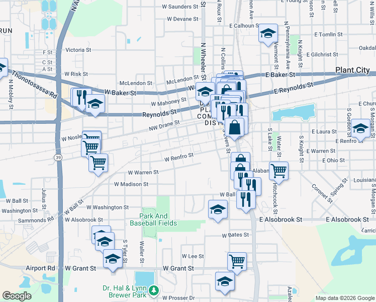 map of restaurants, bars, coffee shops, grocery stores, and more near 305 South Daniels Street in Plant City