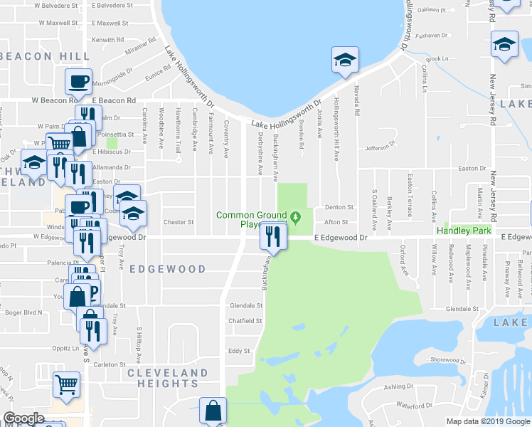 map of restaurants, bars, coffee shops, grocery stores, and more near 2732 Derbyshire Avenue in Lakeland