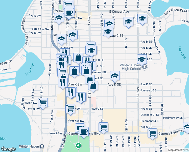 map of restaurants, bars, coffee shops, grocery stores, and more near 950 1st Street South in Winter Haven