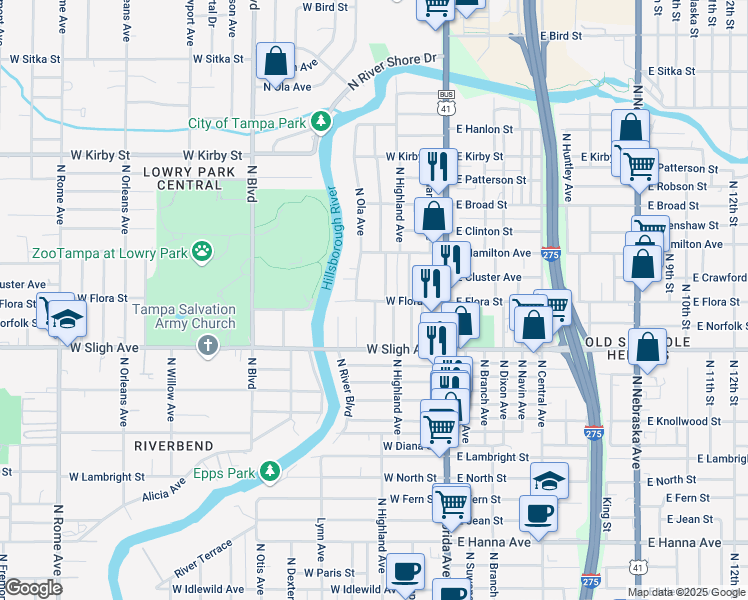 map of restaurants, bars, coffee shops, grocery stores, and more near 301 West Flora Street in Tampa