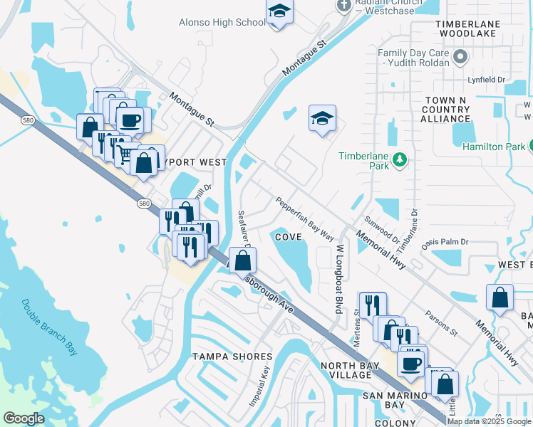 map of restaurants, bars, coffee shops, grocery stores, and more near 6713 Leeward Isle Way in Tampa