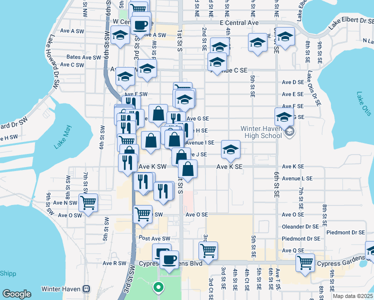 map of restaurants, bars, coffee shops, grocery stores, and more near 950 1st Street South in Winter Haven