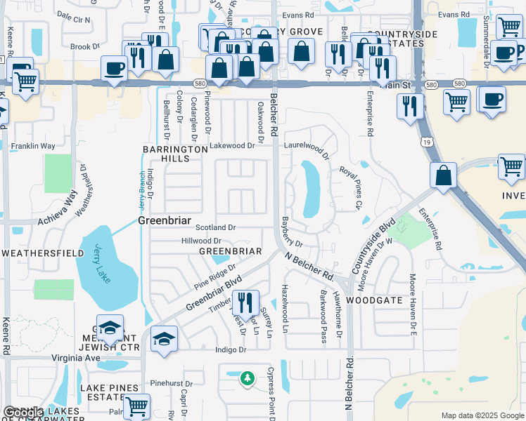 map of restaurants, bars, coffee shops, grocery stores, and more near 2507 Bramblewood Drive West in Clearwater
