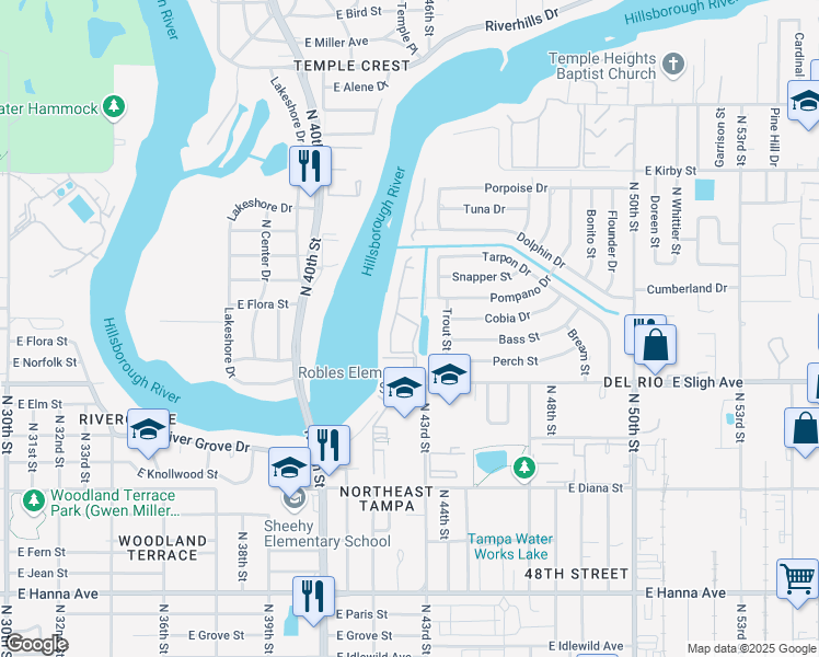 map of restaurants, bars, coffee shops, grocery stores, and more near 6944 Trout Street in Tampa