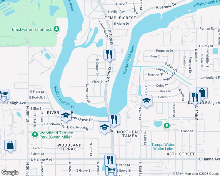 map of restaurants, bars, coffee shops, grocery stores, and more near 7015 North 40th Street in Tampa