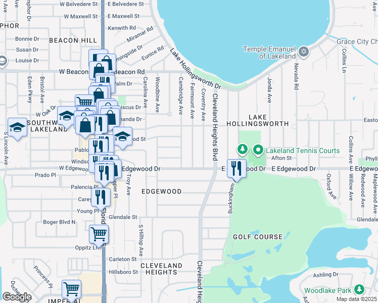 map of restaurants, bars, coffee shops, grocery stores, and more near 2727 Fairmount Avenue in Lakeland