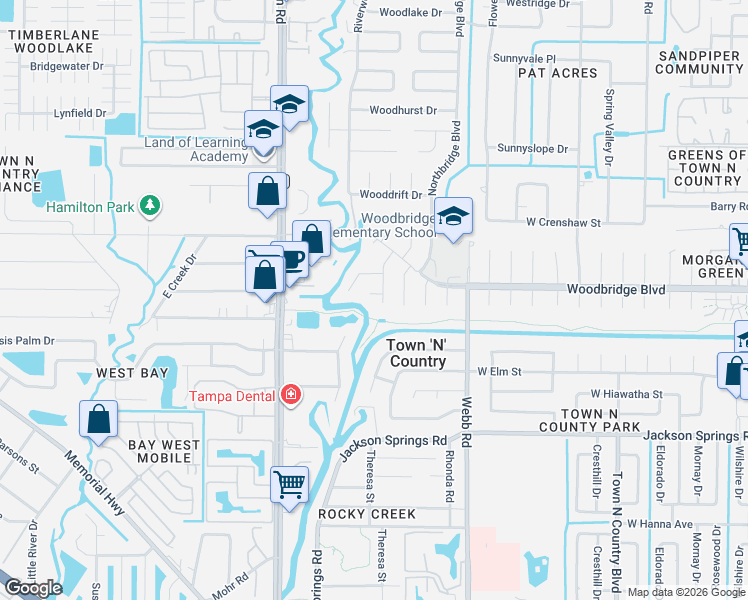 map of restaurants, bars, coffee shops, grocery stores, and more near 8502 Wooddale Court in Tampa
