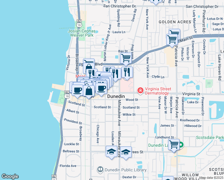 map of restaurants, bars, coffee shops, grocery stores, and more near 812 Louden Avenue in Dunedin