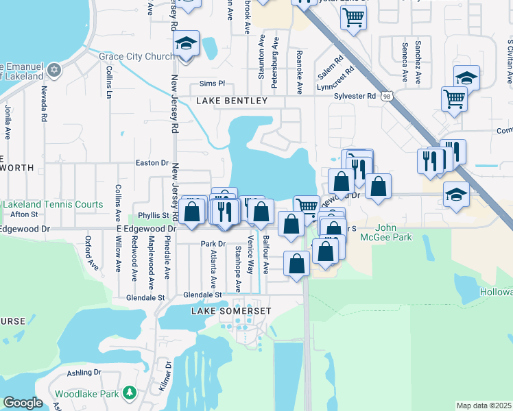 map of restaurants, bars, coffee shops, grocery stores, and more near 1920 East Edgewood Drive in Lakeland