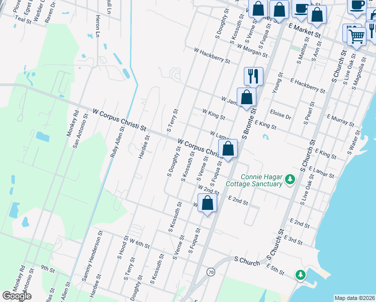 map of restaurants, bars, coffee shops, grocery stores, and more near 911 South Kossuth Street in Rockport