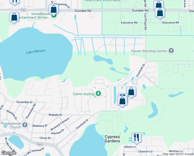 map of restaurants, bars, coffee shops, grocery stores, and more near 1615 Vienna Square Drive in Winter Haven