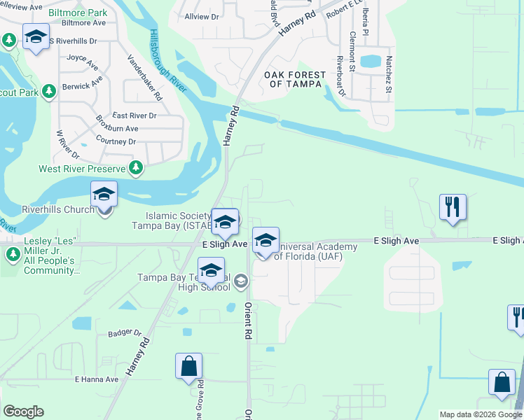 map of restaurants, bars, coffee shops, grocery stores, and more near 6919 Orient Road in Tampa
