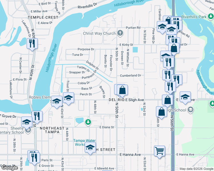 map of restaurants, bars, coffee shops, grocery stores, and more near 6917 Bream Street in Tampa