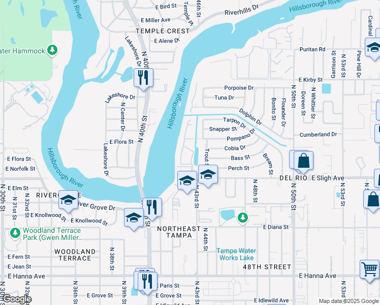 map of restaurants, bars, coffee shops, grocery stores, and more near 6944 Trout Street in Tampa