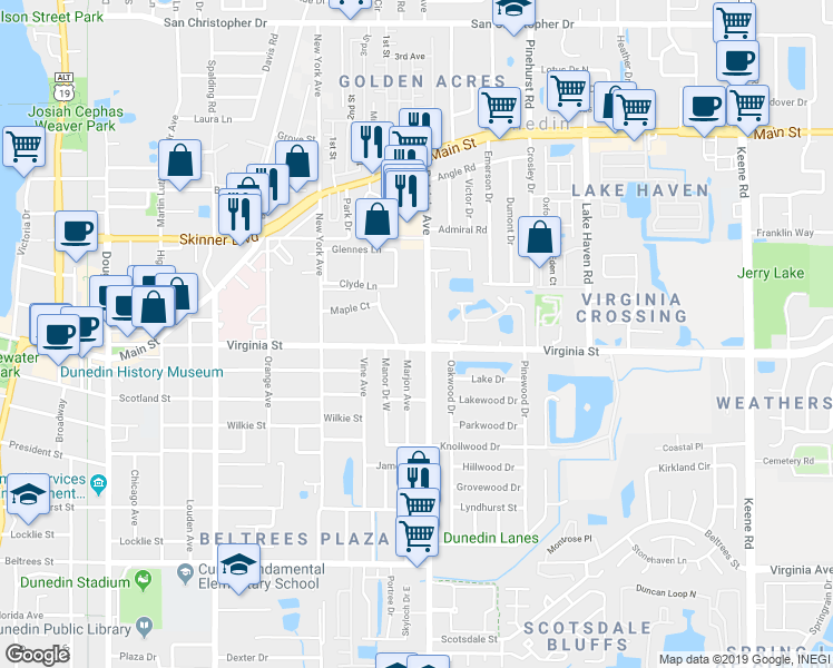map of restaurants, bars, coffee shops, grocery stores, and more near 820 Patricia Avenue in Dunedin
