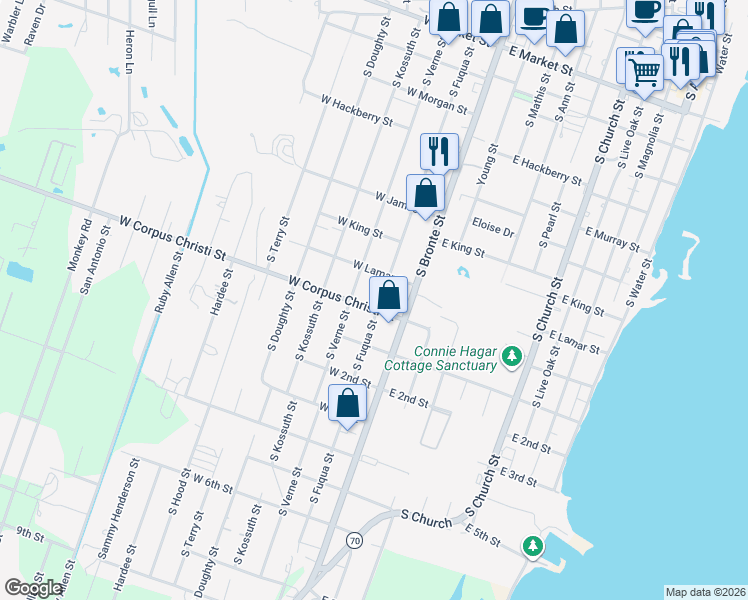 map of restaurants, bars, coffee shops, grocery stores, and more near 829 South Fuqua Street in Rockport