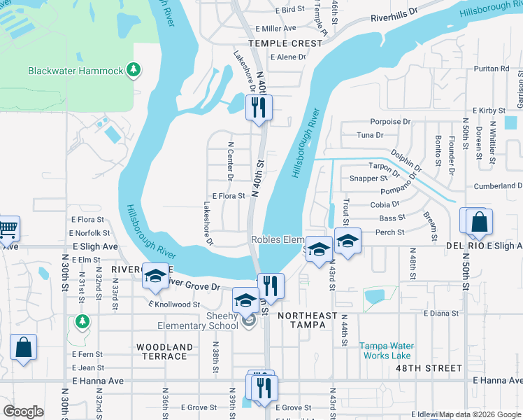 map of restaurants, bars, coffee shops, grocery stores, and more near 7015 North 40th Street in Tampa