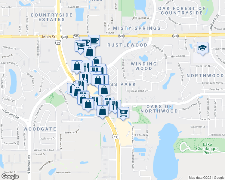 map of restaurants, bars, coffee shops, grocery stores, and more near 2593 Countryside Boulevard in Clearwater