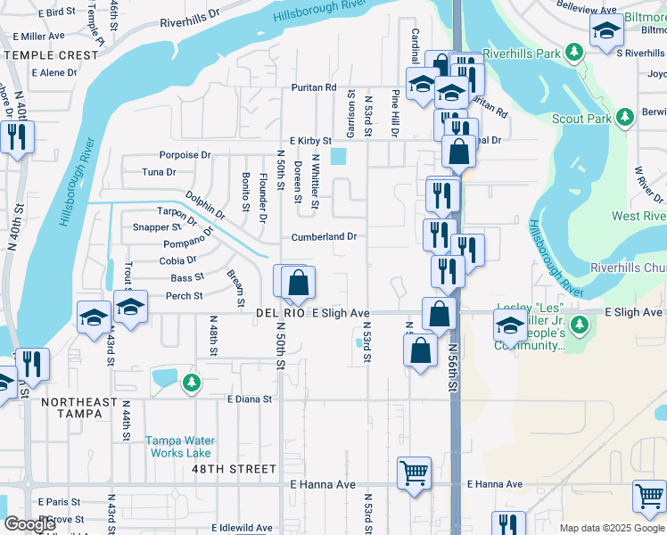 map of restaurants, bars, coffee shops, grocery stores, and more near 6929 Wildwood Oak Drive in Tampa