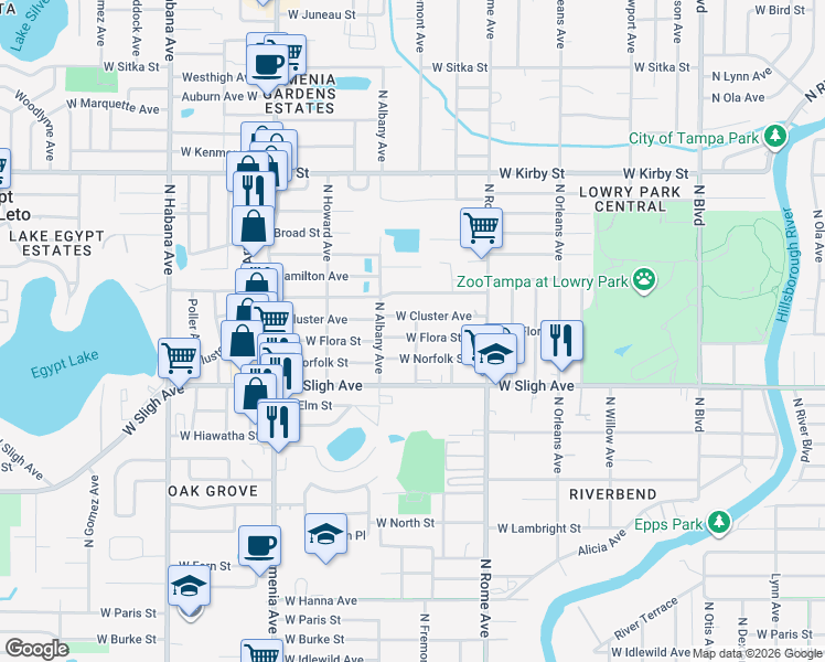 map of restaurants, bars, coffee shops, grocery stores, and more near 1901 West Flora Street in Tampa