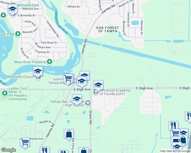 map of restaurants, bars, coffee shops, grocery stores, and more near 6919 Orient Road in Tampa