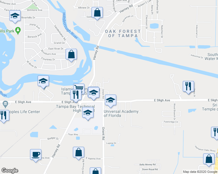 map of restaurants, bars, coffee shops, grocery stores, and more near 6919 Orient Road in Tampa
