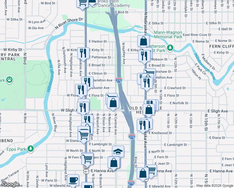 map of restaurants, bars, coffee shops, grocery stores, and more near 7005 North Central Avenue in Tampa