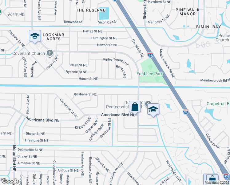 map of restaurants, bars, coffee shops, grocery stores, and more near 823 Brisbane Street Northeast in Palm Bay