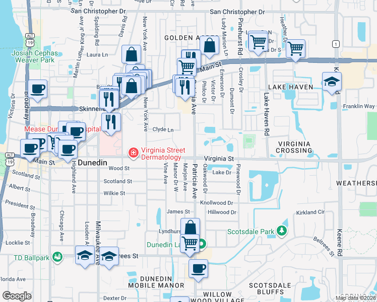 map of restaurants, bars, coffee shops, grocery stores, and more near 820 Patricia Avenue in Dunedin