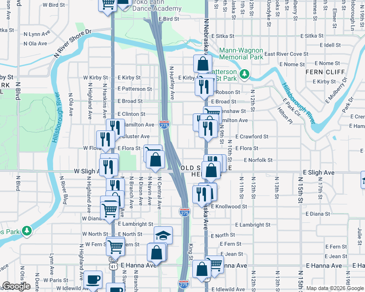 map of restaurants, bars, coffee shops, grocery stores, and more near 706 East Flora Street in Tampa