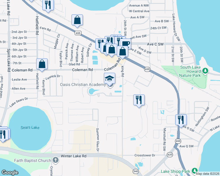 map of restaurants, bars, coffee shops, grocery stores, and more near 151 King Road in Winter Haven