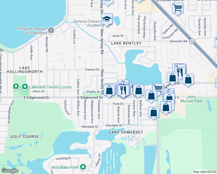 map of restaurants, bars, coffee shops, grocery stores, and more near 1620 Tangerine Street in Lakeland