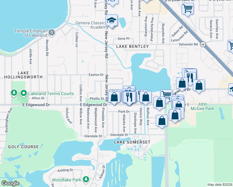 map of restaurants, bars, coffee shops, grocery stores, and more near 1620 Tangerine Street in Lakeland