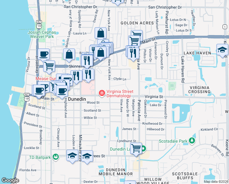 map of restaurants, bars, coffee shops, grocery stores, and more near 820 Virginia Street in Dunedin
