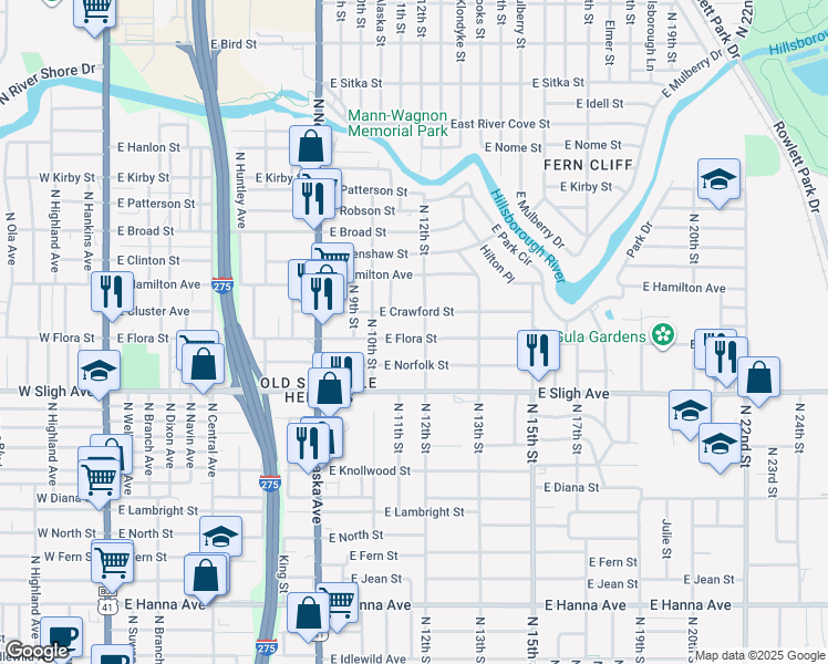 map of restaurants, bars, coffee shops, grocery stores, and more near 1020 East Flora Street in Tampa