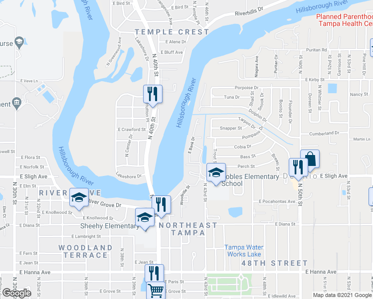 map of restaurants, bars, coffee shops, grocery stores, and more near 7121 East Bank Drive in Tampa