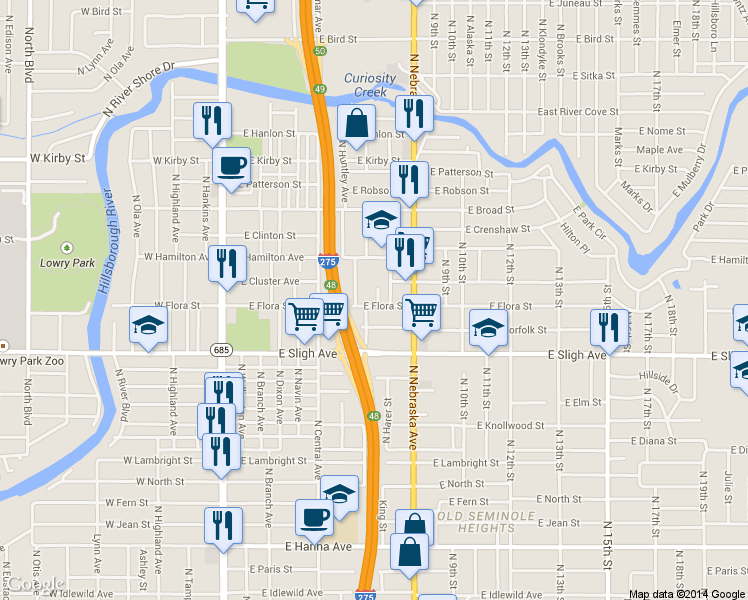 map of restaurants, bars, coffee shops, grocery stores, and more near 706 East Flora Street in Tampa