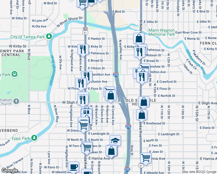 map of restaurants, bars, coffee shops, grocery stores, and more near 308 East Flora Street in Tampa