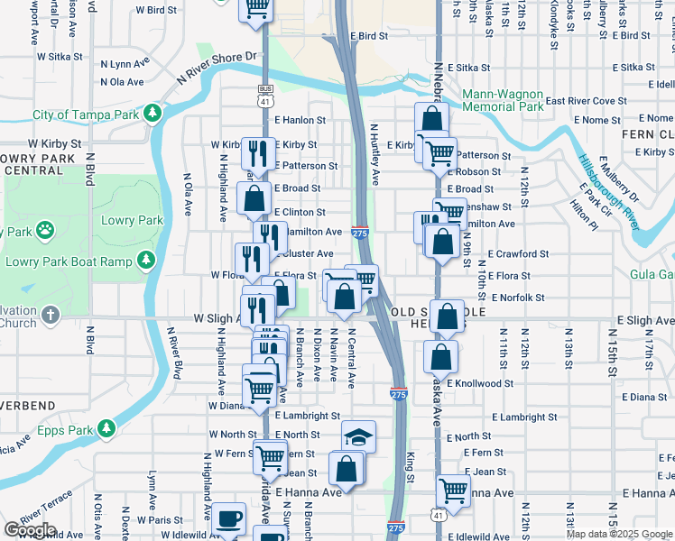 map of restaurants, bars, coffee shops, grocery stores, and more near 308 East Flora Street in Tampa